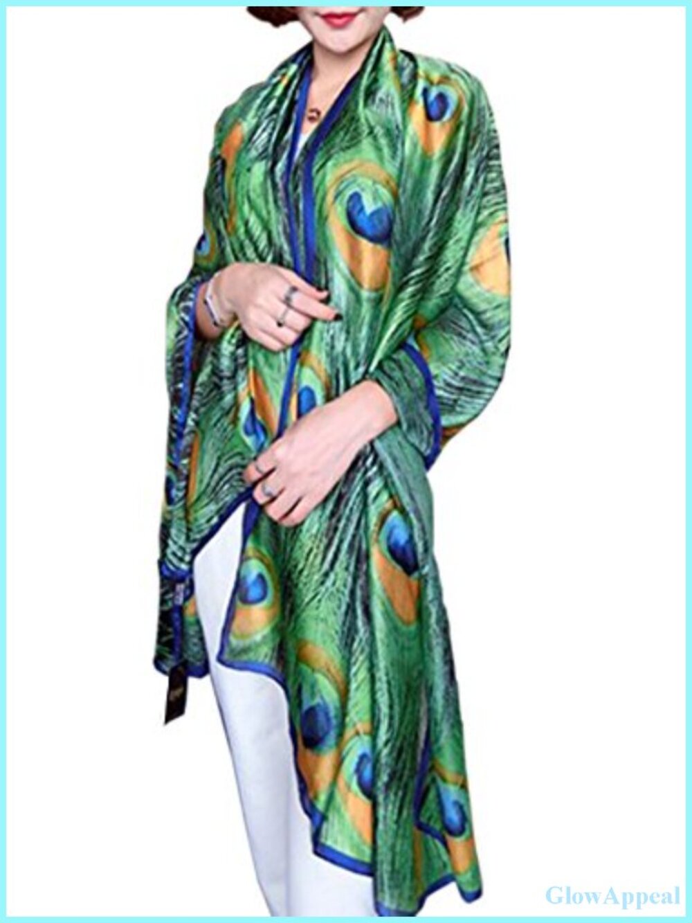 Silk Peacock Feather Print Lightweight Long Scarf Wrap Shawl
